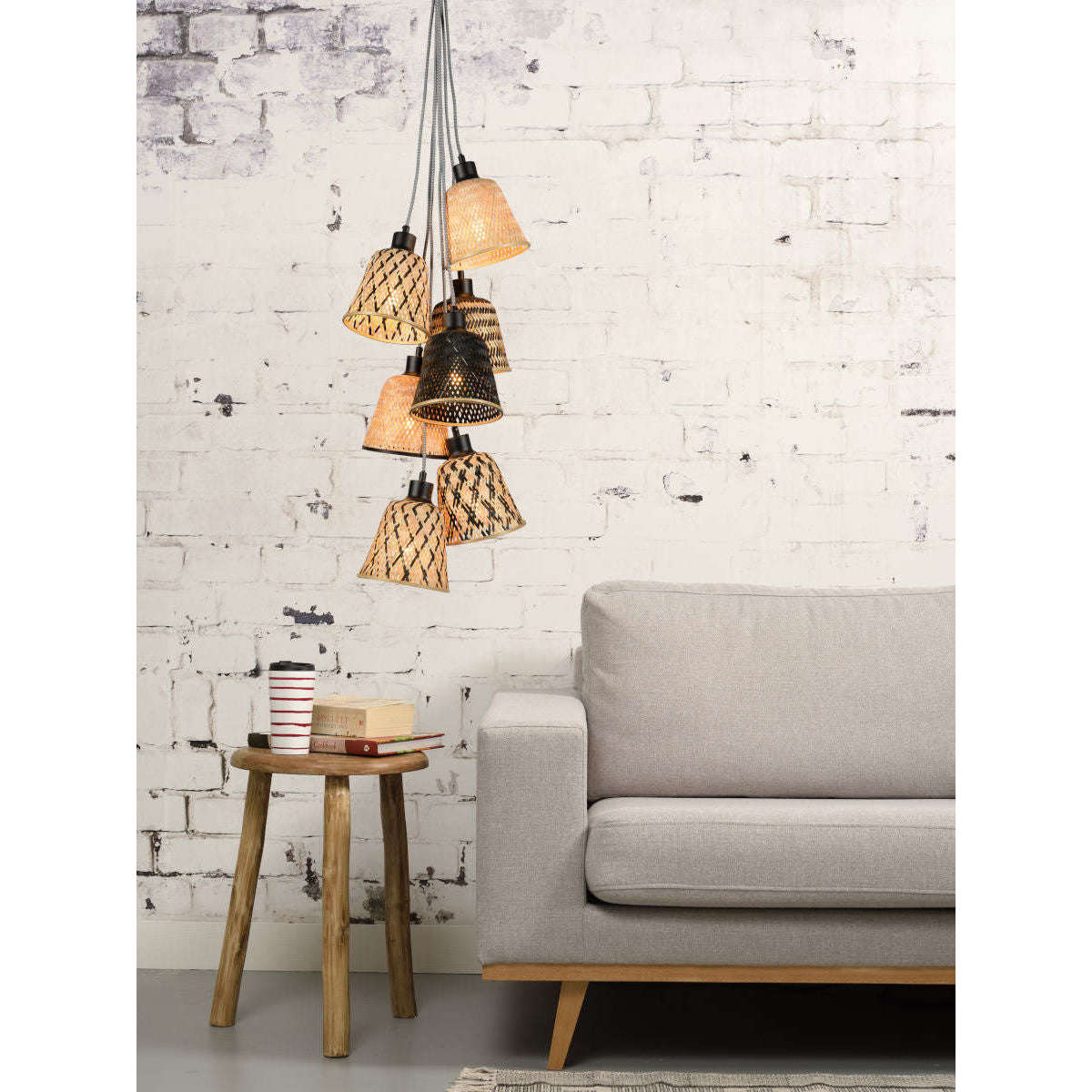 Good&Mojo Hanglamp Kalimantan / 7-kap bamboe zwart / naturel