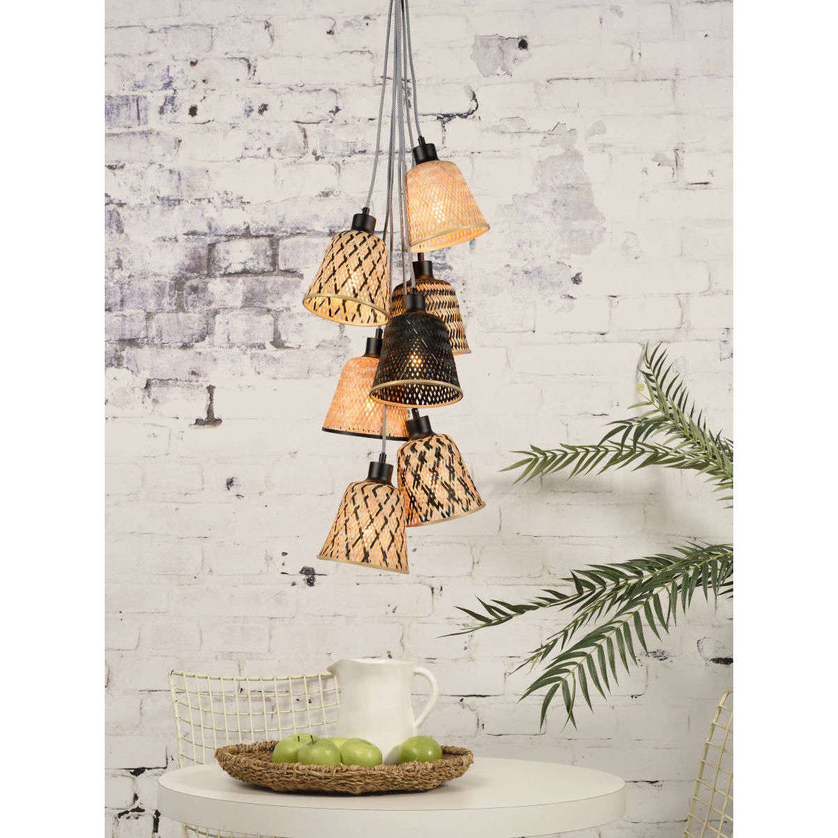Good&Mojo Hanglamp Kalimantan / 7-kap bamboe zwart / naturel