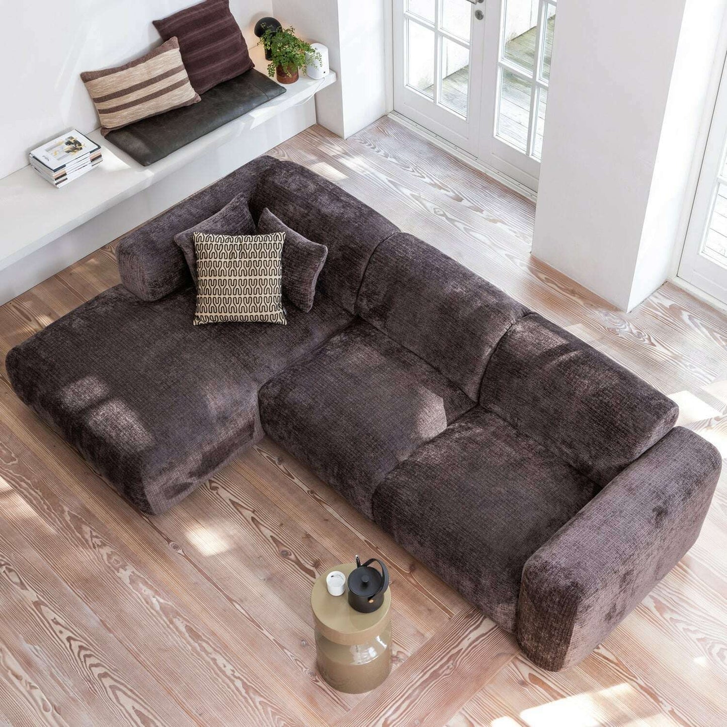 WOOOD Cloud chaise longue links geweven chenille warm bruin