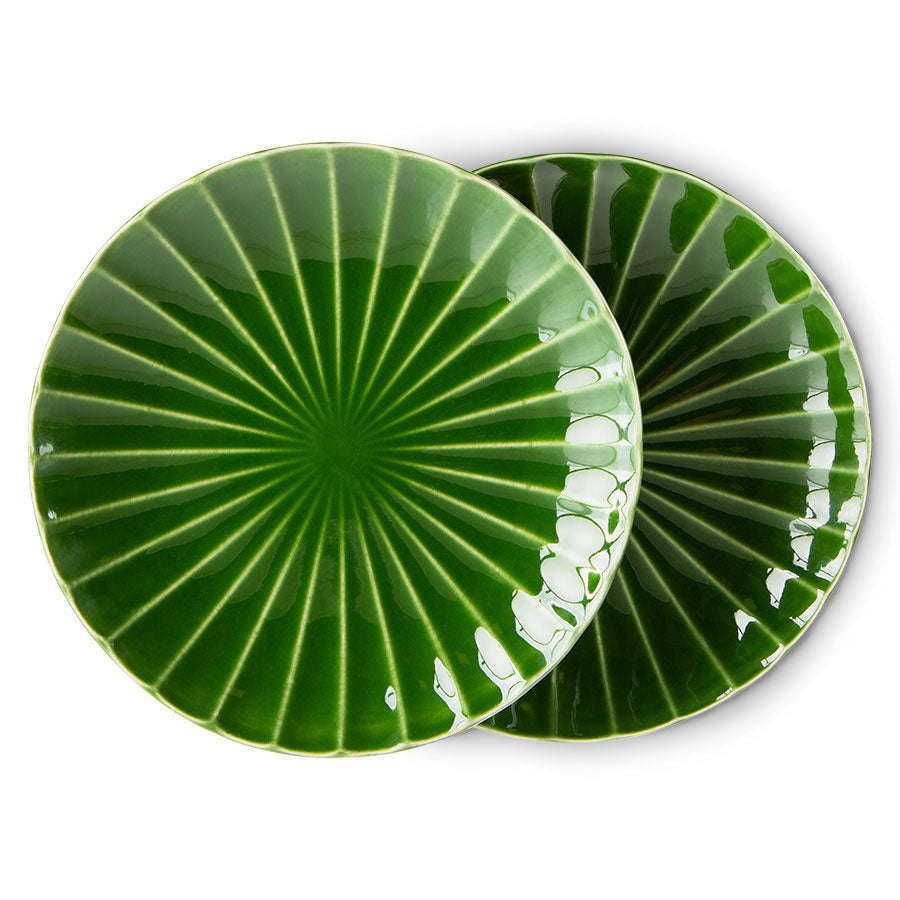 HKliving the emeralds: ceramic bord geribbeld groen (set van 2)