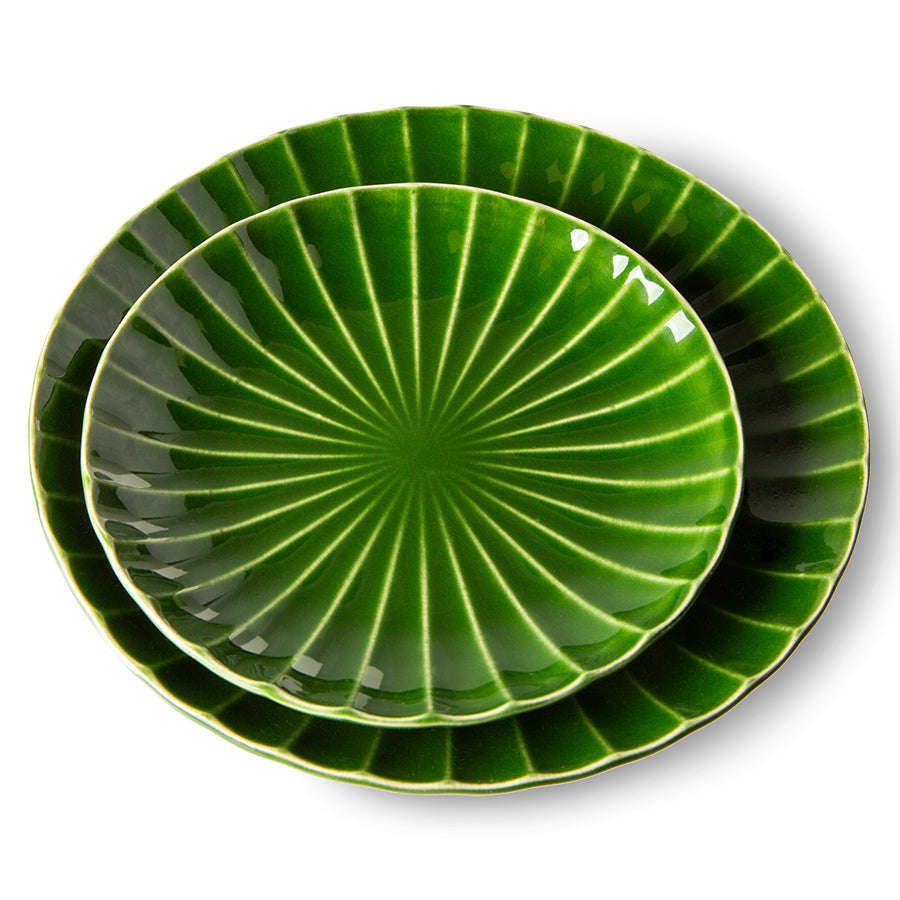 HKliving the emeralds: ceramic bord geribbeld groen (set van 2)