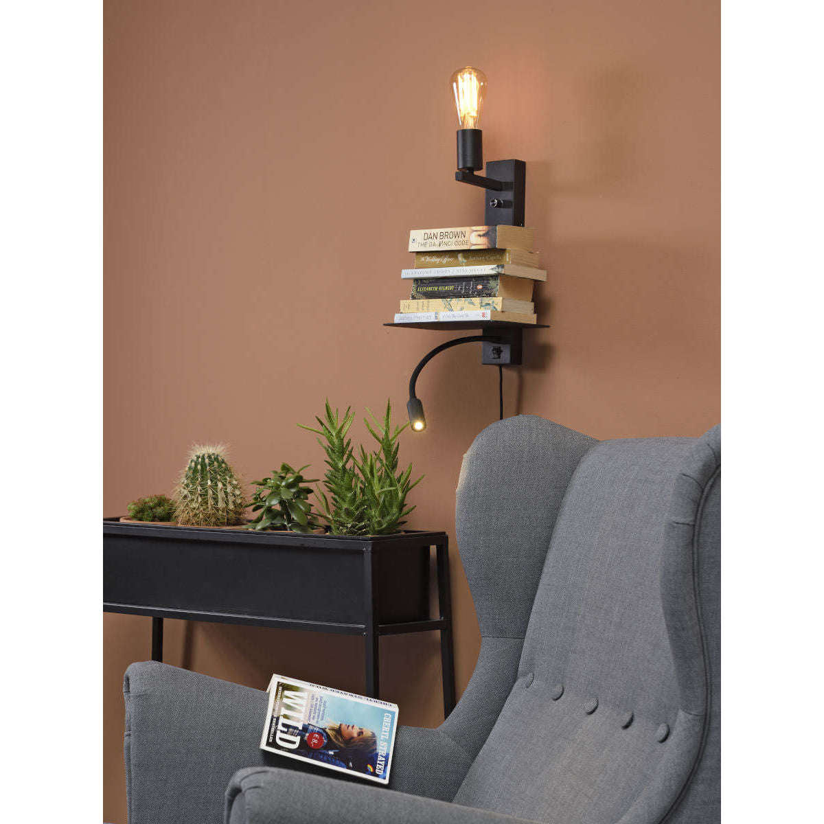 It's about RoMi Wandlamp Florence plank+usb+leeslamp zwart